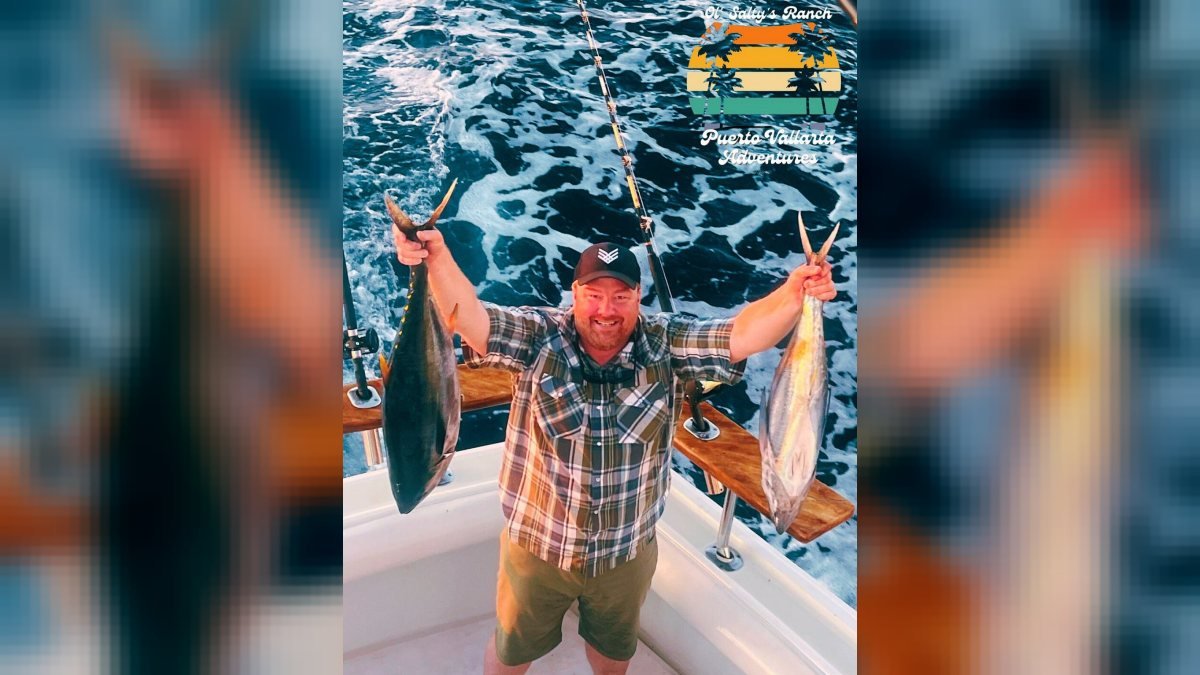 Angler holding yellowfin tuna and bonito on the deck after a morning offshore from Nuevo Vallarta
