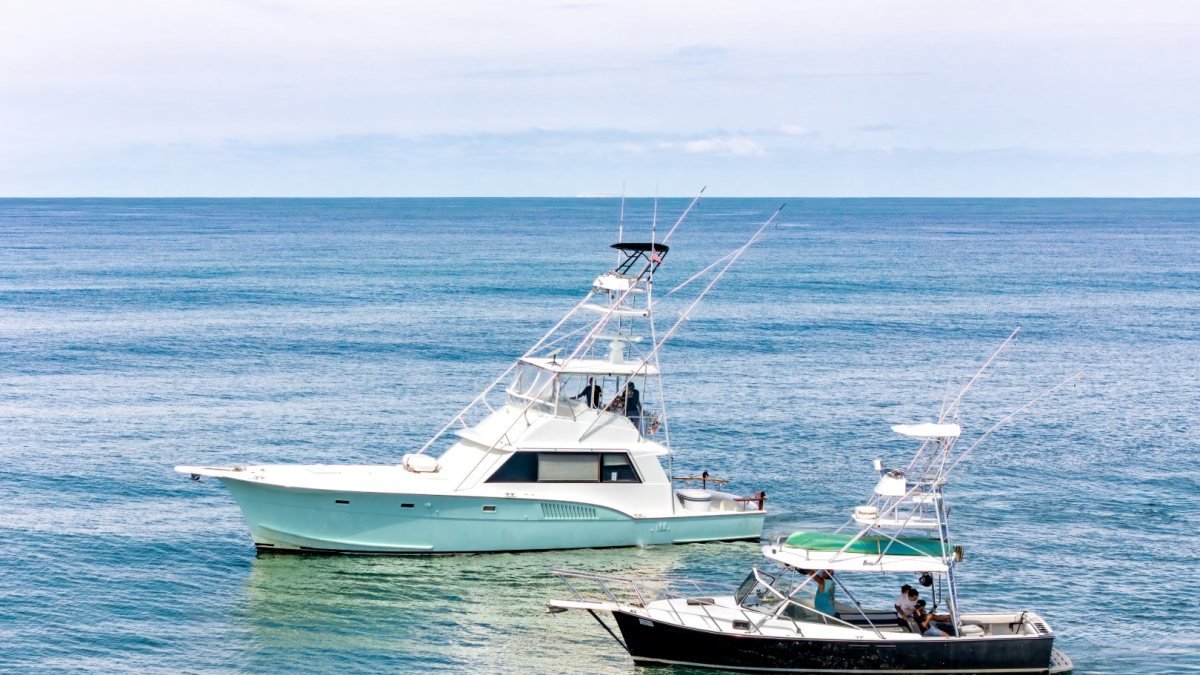 Ol' Salty's Ranch fleet — Peaceful Easy Feeling, Guanatuna and Steel n Time — running out of Marina Nuevo Vallarta seen from above