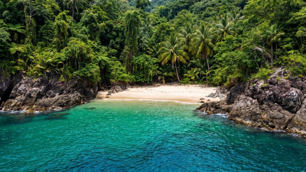 Playa Colomitos, a small jungle cove with turquoise water between rocky points, reached by boat from Nuevo Vallarta