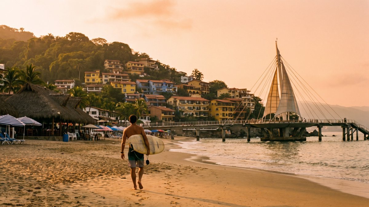 Surfer walking barefoot along Los Muertos beach toward the sail-shaped pier at golden hour, with the colourful hillside houses of Puerto Vallarta's Old Town and the jungle mountains behind