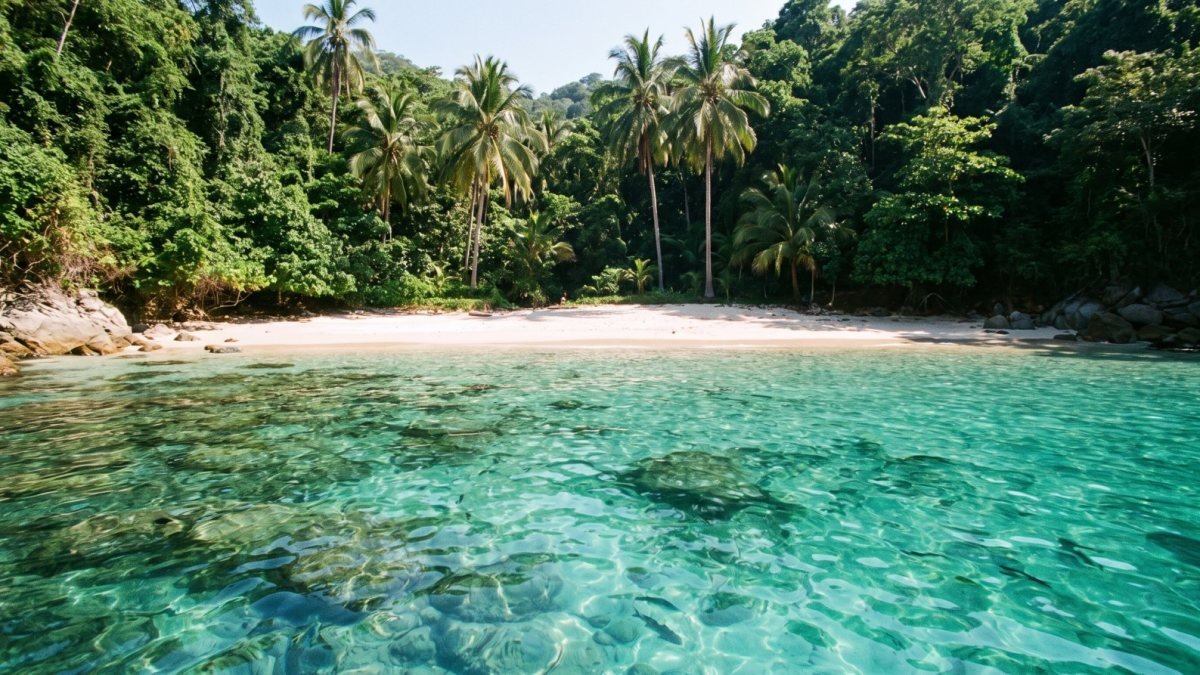 Clear turquoise water over rocks and a jungle-backed beach at Majahuitas, the best snorkeling in Puerto Vallarta by boat from Nuevo Vallarta