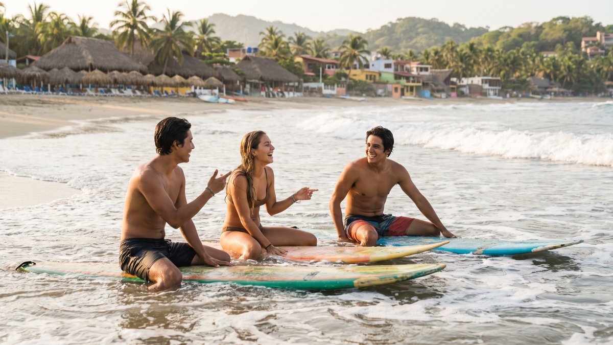 Young Mexican surfers laughing together on their boards in the shallow water of a Riviera Nayarit beach break, palapas behind