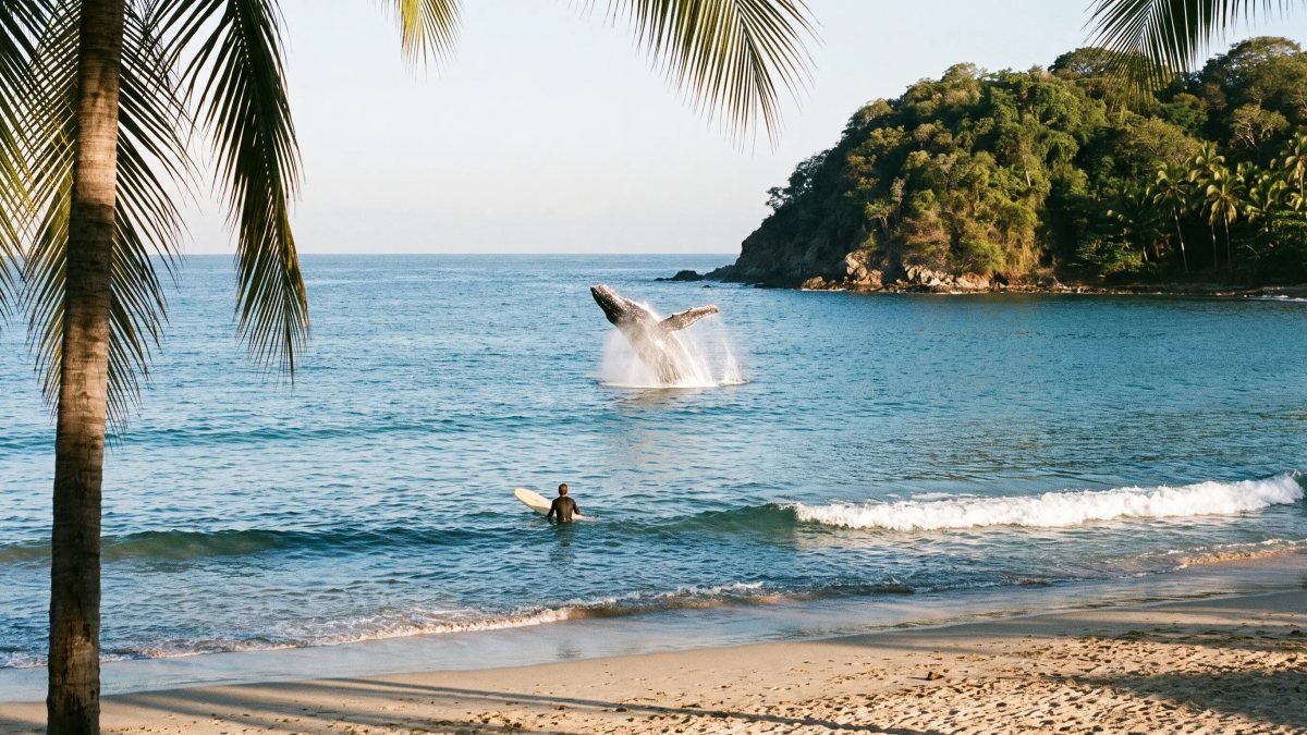 Surfer sitting on a longboard in small clean waves while a humpback whale breaches in Banderas Bay behind the line-up