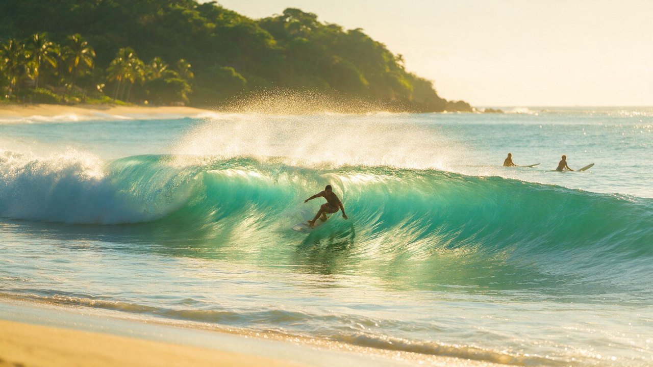 Surfer riding a clean morning wave on a point break near Puerto Vallarta
