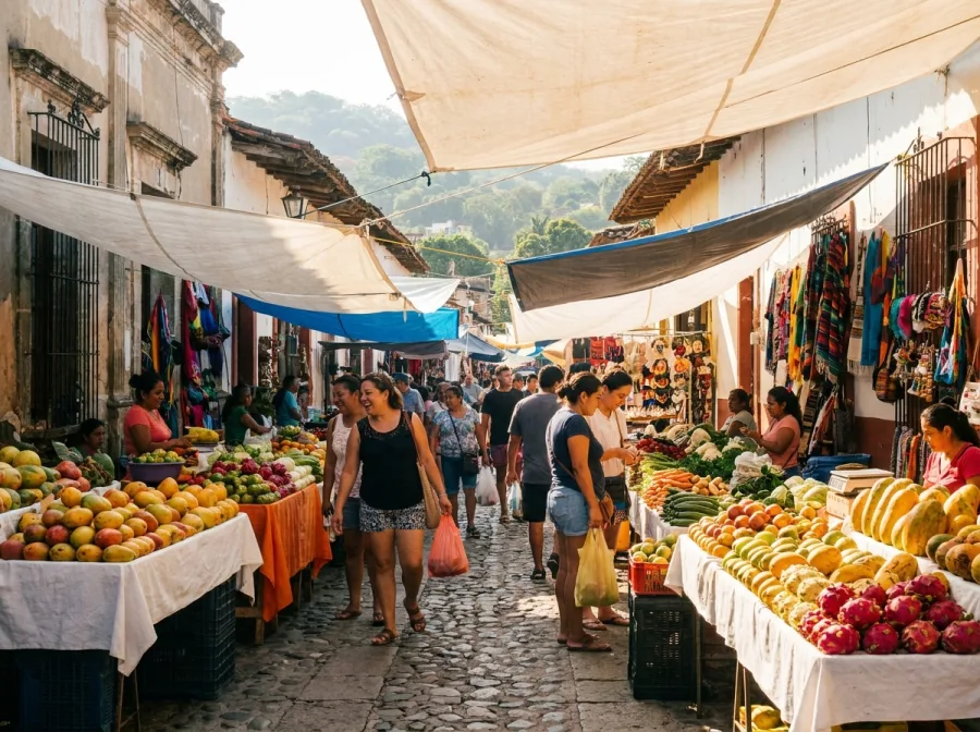 Market stalls under the trees in Puerto Vallarta, the kind of local market a surfer wanders after a morning in the waves