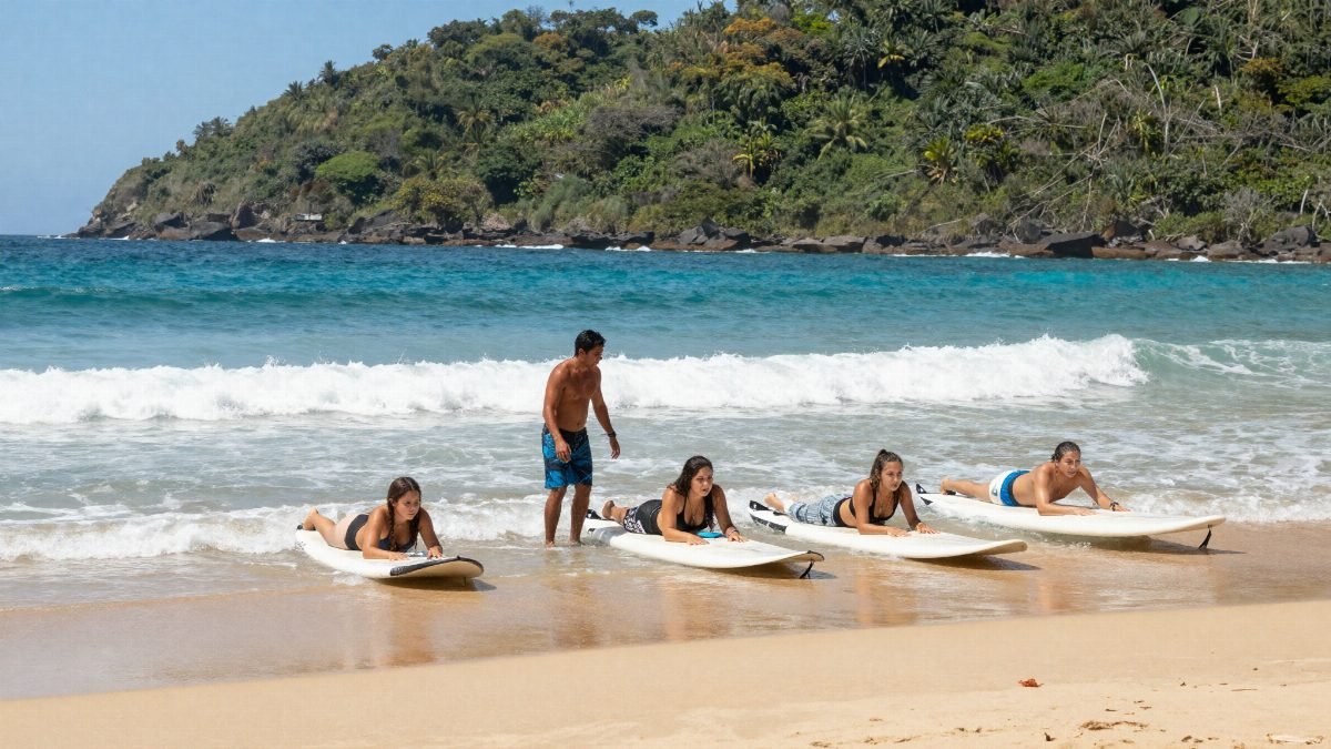 Group surf lesson on the beach in Nuevo Vallarta with the instructor demonstrating the pop-up in Spanish and English