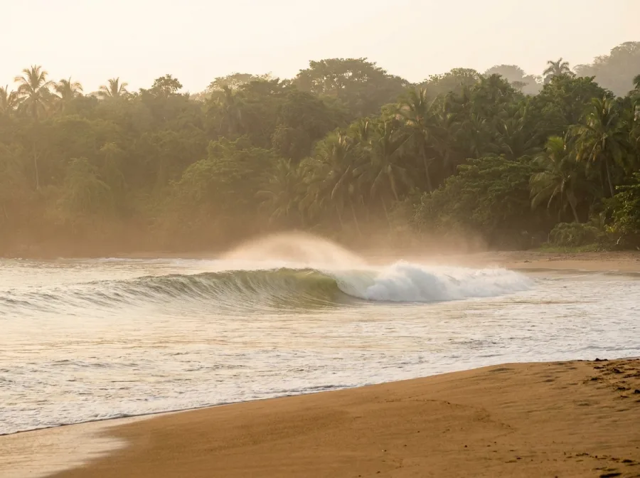 La Lancha beach at first light: long, gentle waves rolling into the sandy beginner surf spot in Punta de Mita, Riviera Nayarit